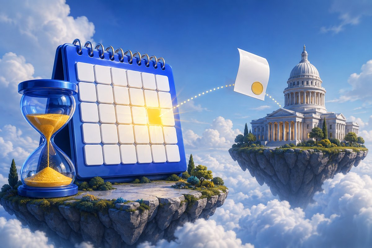 Calendar with one glowing date, an hourglass, and a document flying to a state capitol