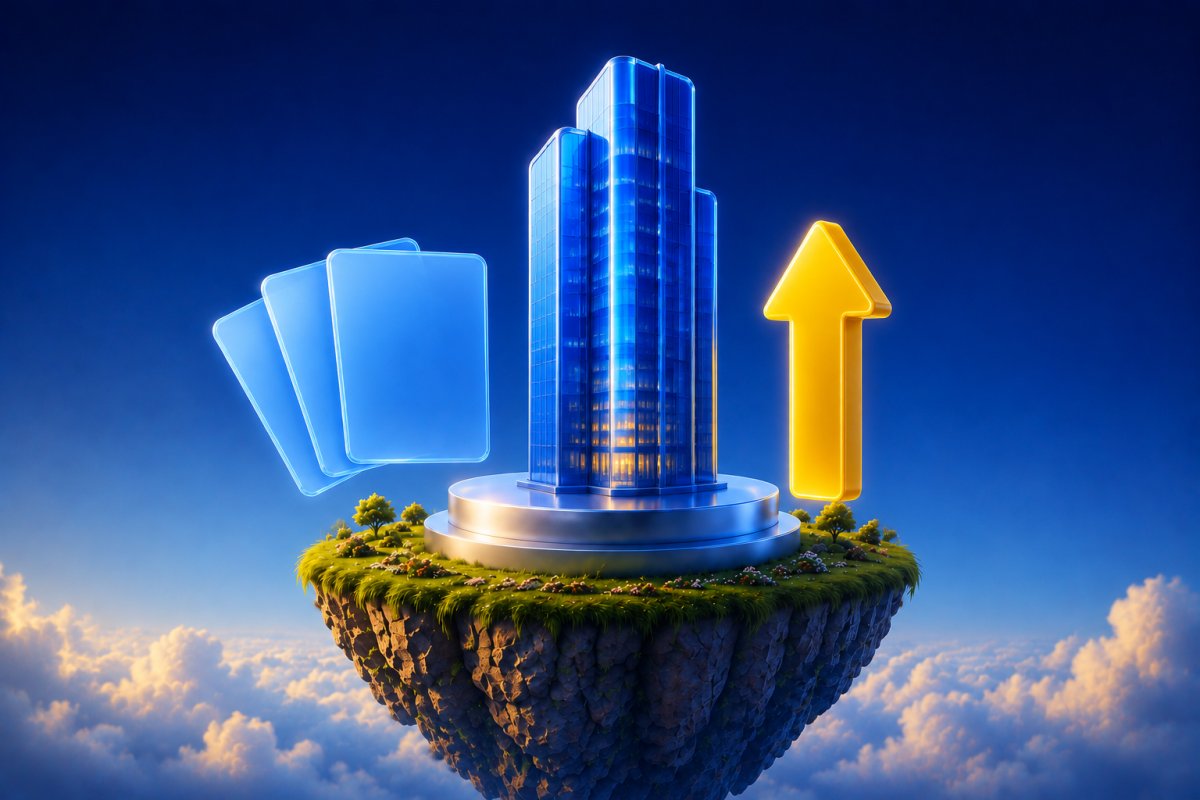 A glossy blue corporate tower on a floating island with share certificate cards and a yellow upward arrow