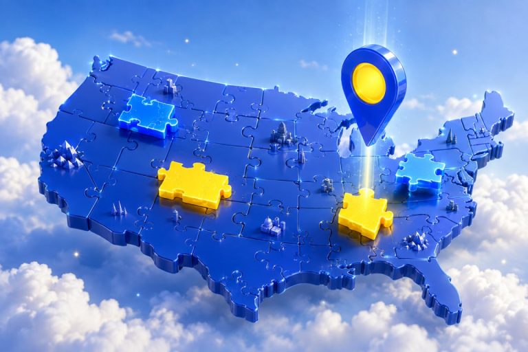 US map puzzle with glowing states and a location pin