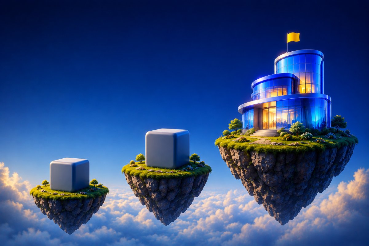 Three floating islands of increasing height, the tallest carrying a glowing blue building with a yellow flag