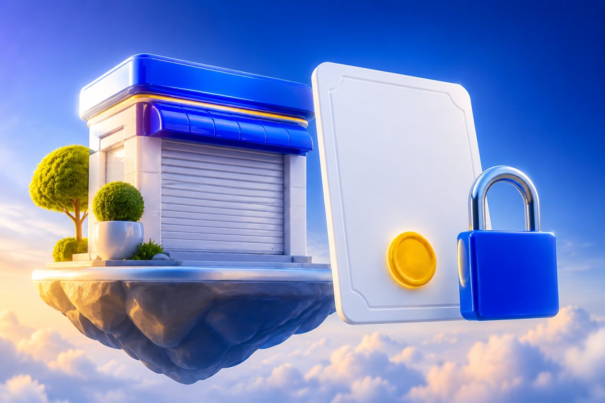 Closed storefront on a floating island with a sealed certificate and blue padlock