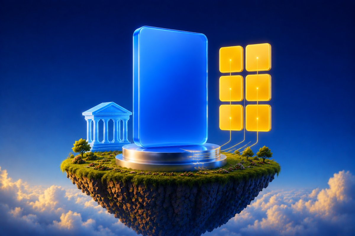 A blue tax identification card on a floating island beside an ice-blue bank building and a yellow tile grid