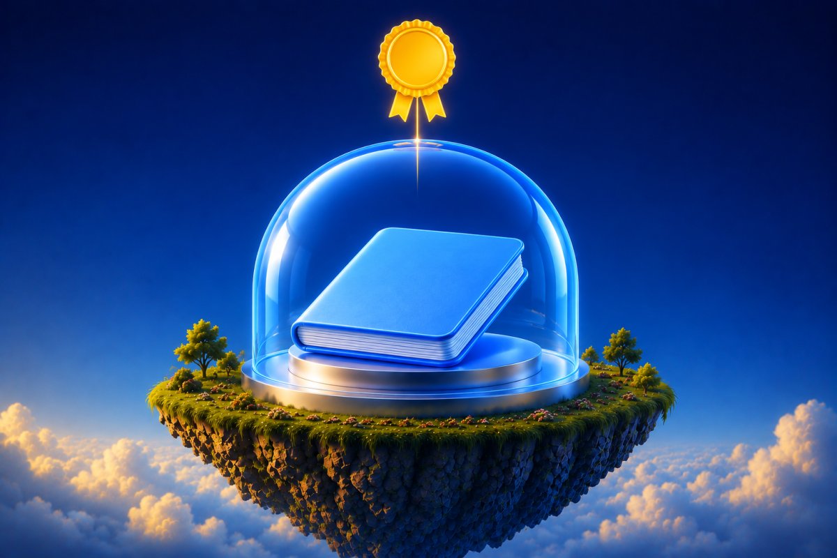An ice-blue passport under a translucent protective dome beside a yellow certification stamp rosette