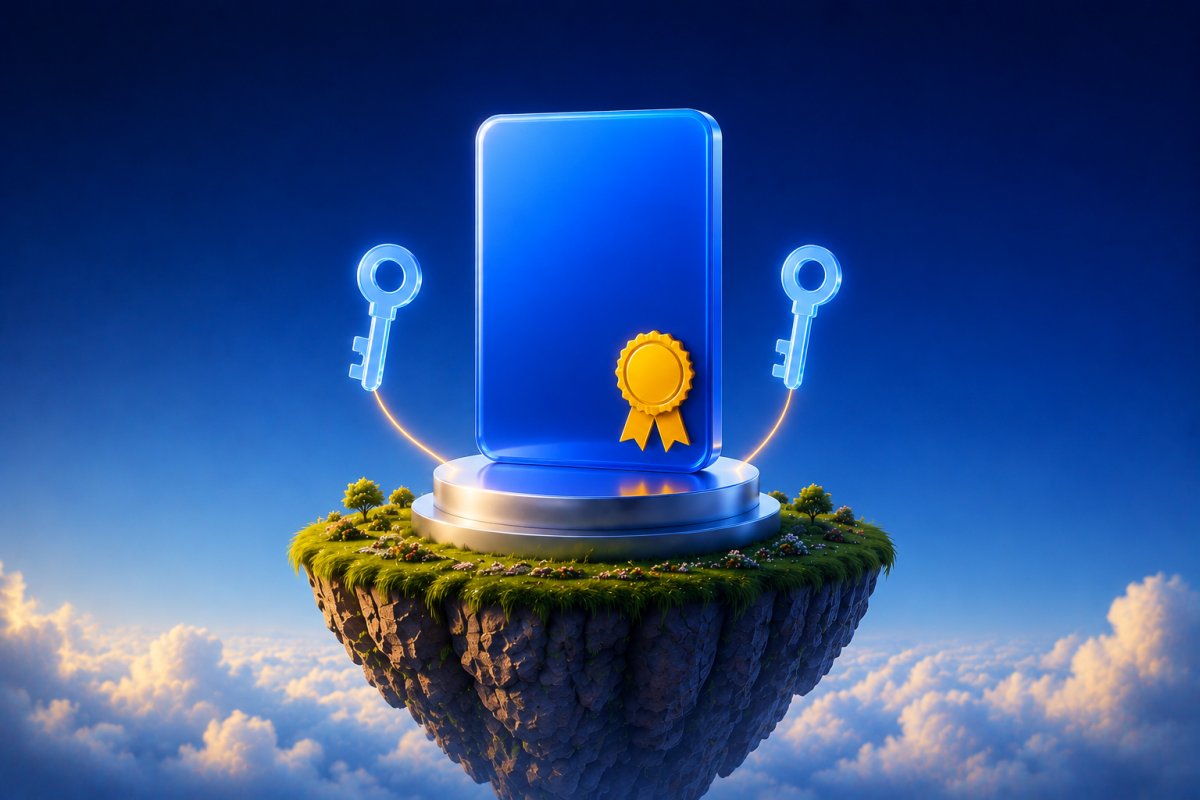 A glossy blue certificate on a floating island with a yellow seal and two floating keys