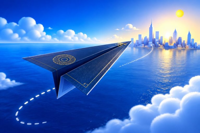 Paper plane folded from a passport flying toward a US skyline
