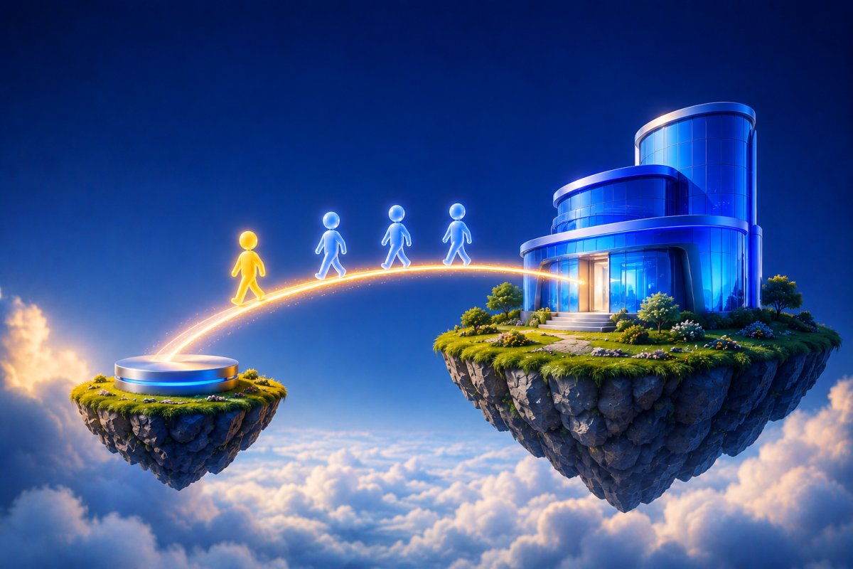 Two floating islands joined by a glowing bridge, with small figures crossing toward a blue company building
