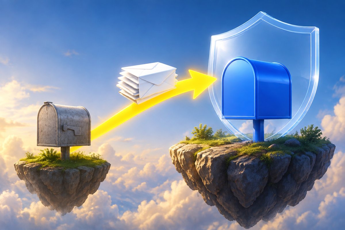 Envelopes moving along a yellow arrow from an old grey mailbox to a new blue one