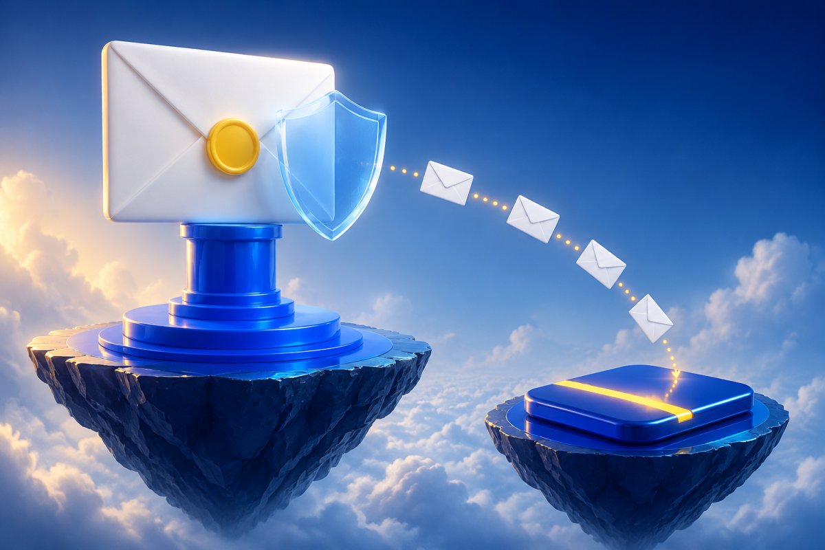 Glossy 3D envelope and shield floating above a blue pedestal
