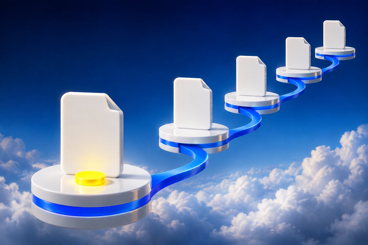 Floating glossy pedestals holding abstract documents linked by a blue ribbon path