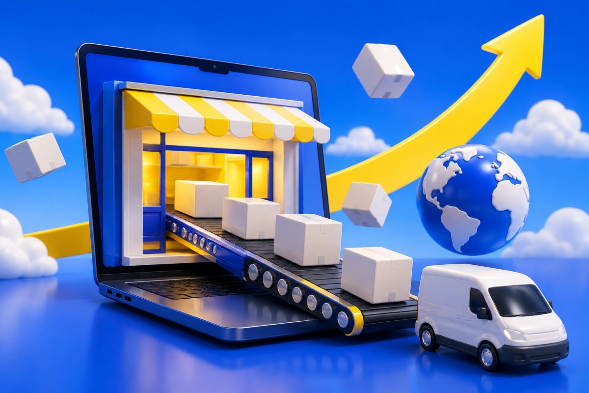 Laptop storefront with parcels rolling toward a delivery van