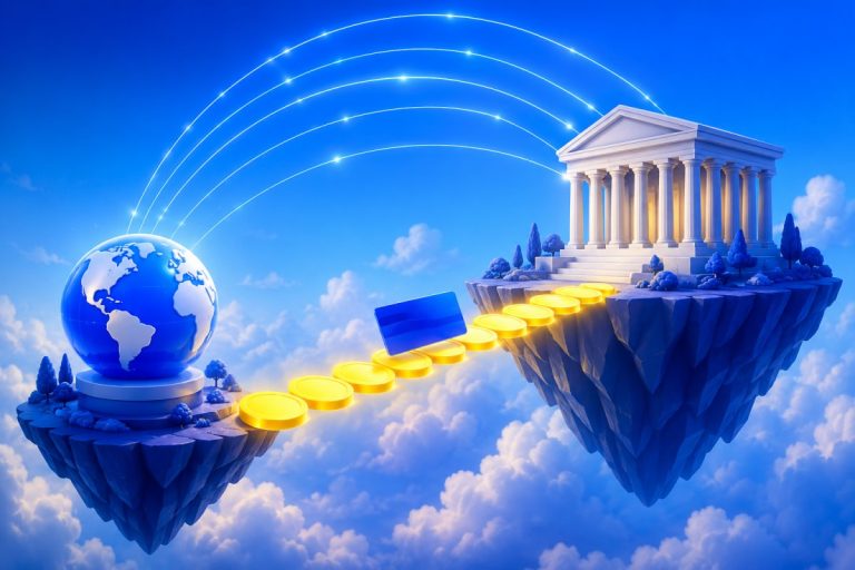 Golden coin bridge connecting a globe to a classical bank