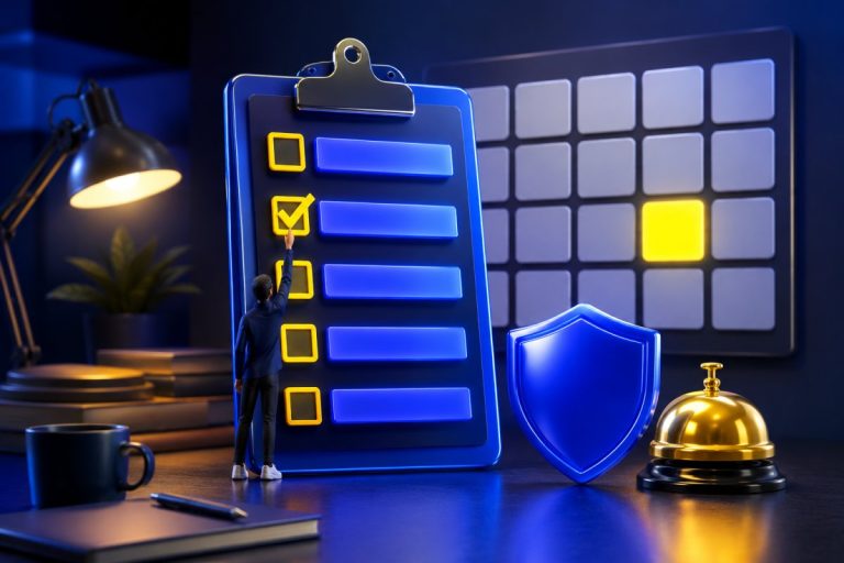 Giant checklist clipboard with glowing calendar, shield, and tiny figure