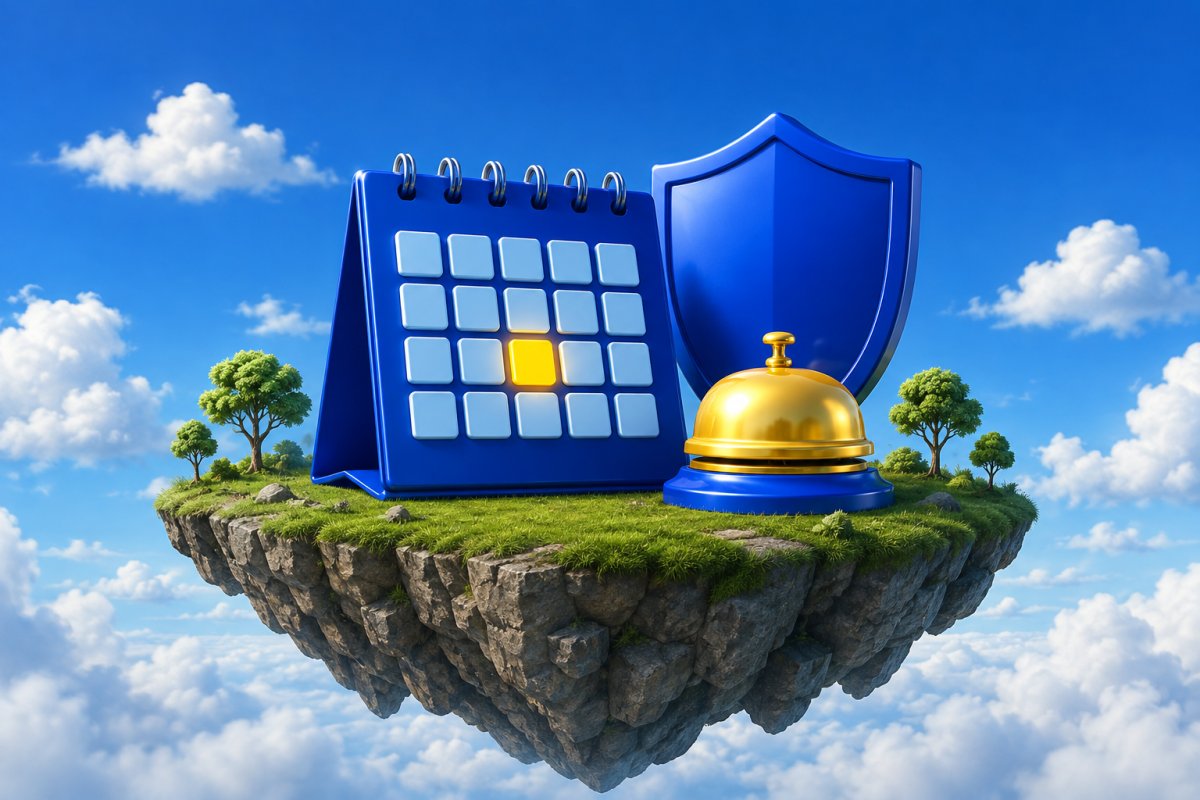 A blue calendar with one date glowing yellow on a floating island, beside a golden service bell and a shield