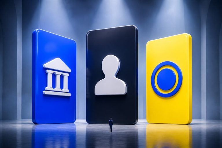 Three giant ID cards standing like monoliths under spotlights