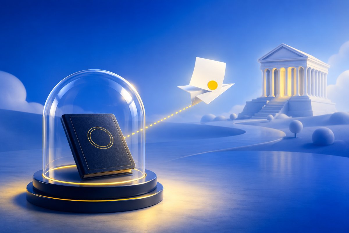 Passport under a glass dome as a sealed document flies to a government building