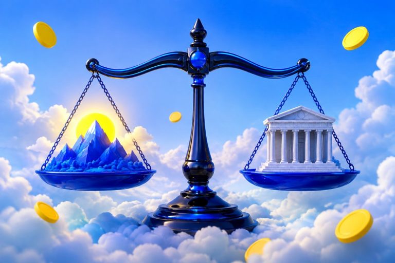 Balance scale weighing a mountain landscape against a courthouse